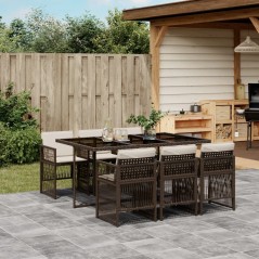 vidaXL 7-tlg. Garten-Essgruppe mit Kissen Braun Poly Rattan