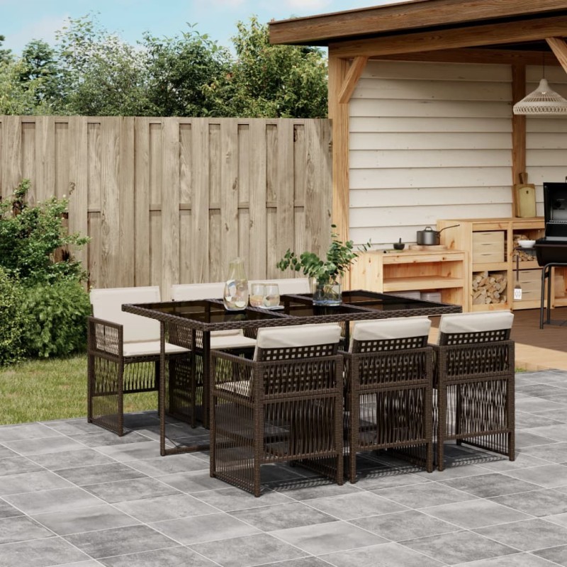 vidaXL 7-tlg. Garten-Essgruppe mit Kissen Braun Poly Rattan