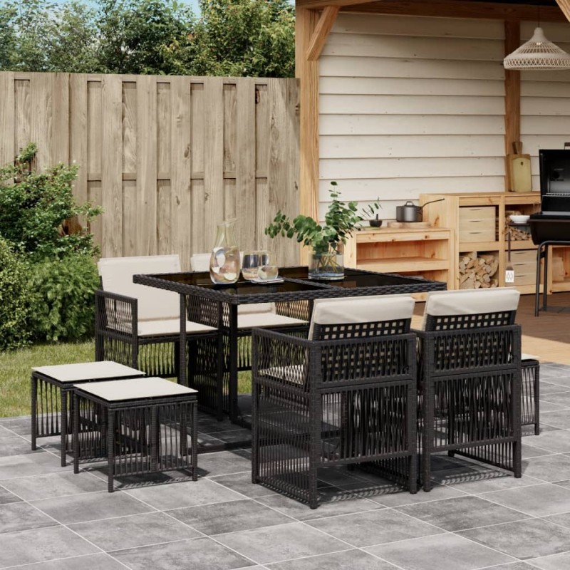 vidaXL 9-tlg. Garten-Essgruppe mit Kissen Schwarz Poly Rattan vidaXL 9-tlg. Garten-Essgruppe mit Kissen Schwarz Poly Rattan