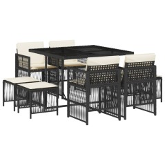 vidaXL 9-tlg. Garten-Essgruppe mit Kissen Schwarz Poly Rattan