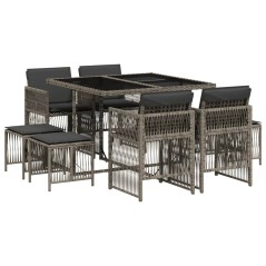 vidaXL 9-tlg. Garten-Essgruppe mit Kissen Grau Poly Rattan