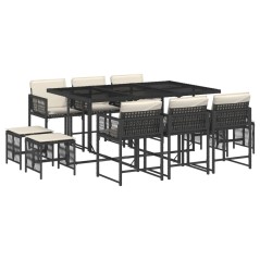 vidaXL 11-tlg. Garten-Essgruppe mit Kissen Schwarz Poly Rattan