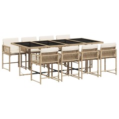 vidaXL 9-tlg. Garten-Essgruppe mit Kissen Beige Poly Rattan