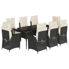 vidaXL 9-tlg. Garten-Essgruppe mit Kissen Schwarz Poly Rattan