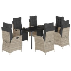 vidaXL 7-tlg. Garten-Essgruppe mit Kissen Hellgrau Poly Rattan