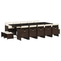 vidaXL 15-tlg. Garten-Essgruppe mit Kissen Braun Poly Rattan