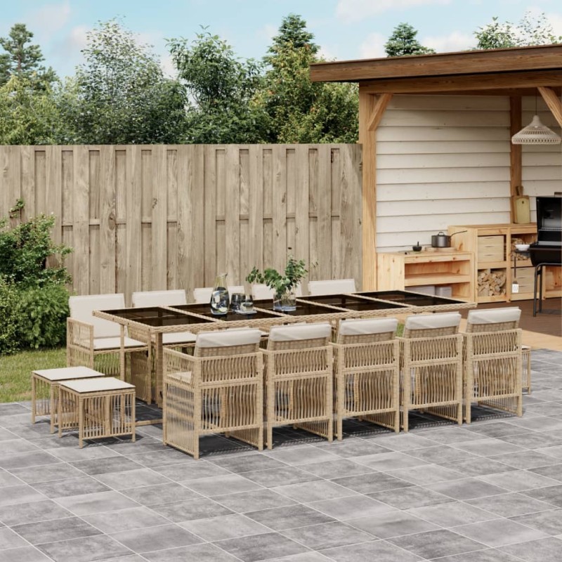 vidaXL 15-tlg. Garten-Essgruppe mit Kissen Beige Poly Rattan