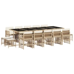 vidaXL 15-tlg. Garten-Essgruppe mit Kissen Beige Poly Rattan