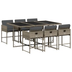 vidaXL 7-tlg. Garten-Essgruppe mit Kissen Grau Poly Rattan