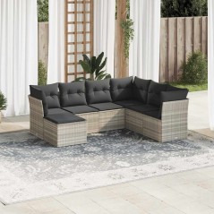 vidaXL 7-tlg. Garten-Sofagarnitur mit Kissen Hellgrau Poly Rattan