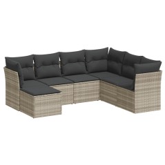 vidaXL 7-tlg. Garten-Sofagarnitur mit Kissen Hellgrau Poly Rattan
