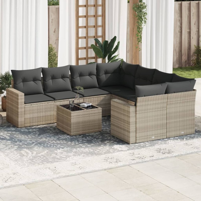 vidaXL 9-tlg. Garten-Sofagarnitur mit Kissen Hellgrau Poly Rattan vidaXL 9-tlg. Garten-Sofagarnitur mit Kissen Hellgrau Poly Rattan