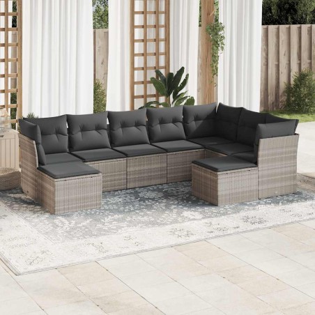 vidaXL 9-tlg. Garten-Sofagarnitur mit Kissen Hellgrau Poly Rattan