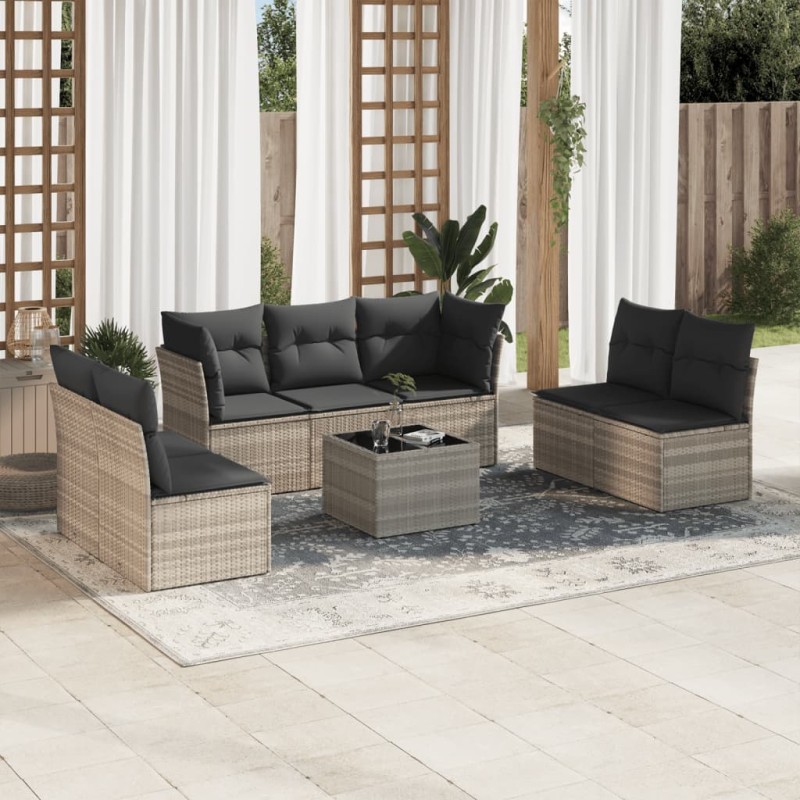vidaXL 8-tlg. Garten-Sofagarnitur mit Kissen Hellgrau Poly Rattan vidaXL 8-tlg. Garten-Sofagarnitur mit Kissen Hellgrau Poly Rattan