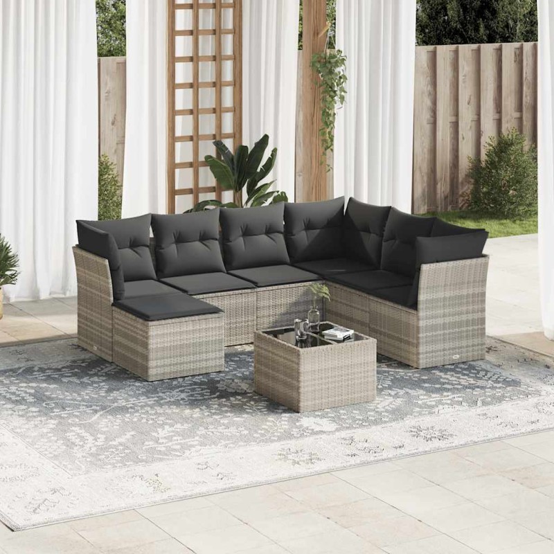 vidaXL 8-tlg. Garten-Sofagarnitur mit Kissen Hellgrau Poly Rattan vidaXL 8-tlg. Garten-Sofagarnitur mit Kissen Hellgrau Poly Rattan