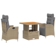 vidaXL 3-tlg. Garten-Essgruppe mit Kissen Beige Poly Rattan