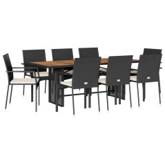 vidaXL 9-tlg. Garten-Essgruppe mit Kissen Schwarz Poly Rattan