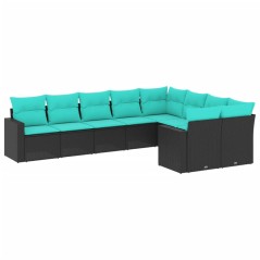 vidaXL 9-tlg. Garten-Sofagarnitur mit Kissen Schwarz Poly Rattan