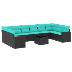 vidaXL 11-tlg. Garten-Sofagarnitur mit Kissen Schwarz Poly Rattan