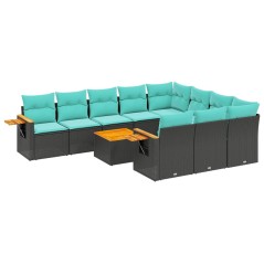 vidaXL 11-tlg. Garten-Sofagarnitur mit Kissen Schwarz Poly Rattan