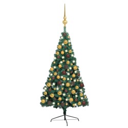 Künstlicher Halber Weihnachtsbaum mit LEDs & Kugeln Grün 150 cm