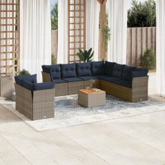 vidaXL 11-tlg. Garten-Sofagarnitur mit Kissen Grau Poly Rattan