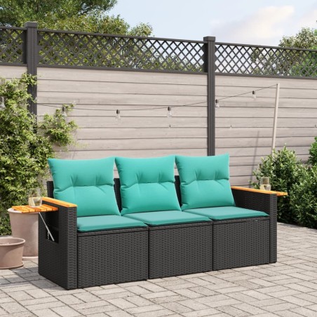 vidaXL 3-tlg. Garten-Sofagarnitur mit Kissen Schwarz Poly Rattan