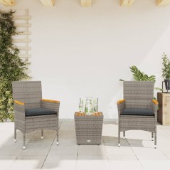 vidaXL 3-tlg. Bistro-Set mit Kissen Grau Poly Rattan und Glas