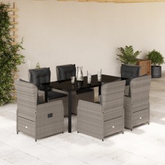 vidaXL 7-tlg. Garten-Essgruppe mit Kissen Hellgrau Poly Rattan