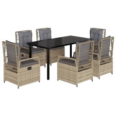 vidaXL 7-tlg. Garten-Essgruppe mit Kissen Beige Poly Rattan
