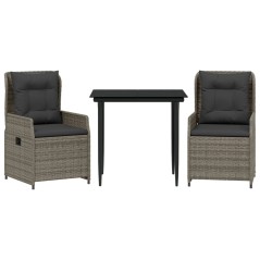 vidaXL 3-tlg. Garten-Essgruppe mit Kissen Grau Poly Rattan