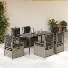vidaXL 7-tlg. Garten-Essgruppe mit Kissen Hellgrau Poly Rattan