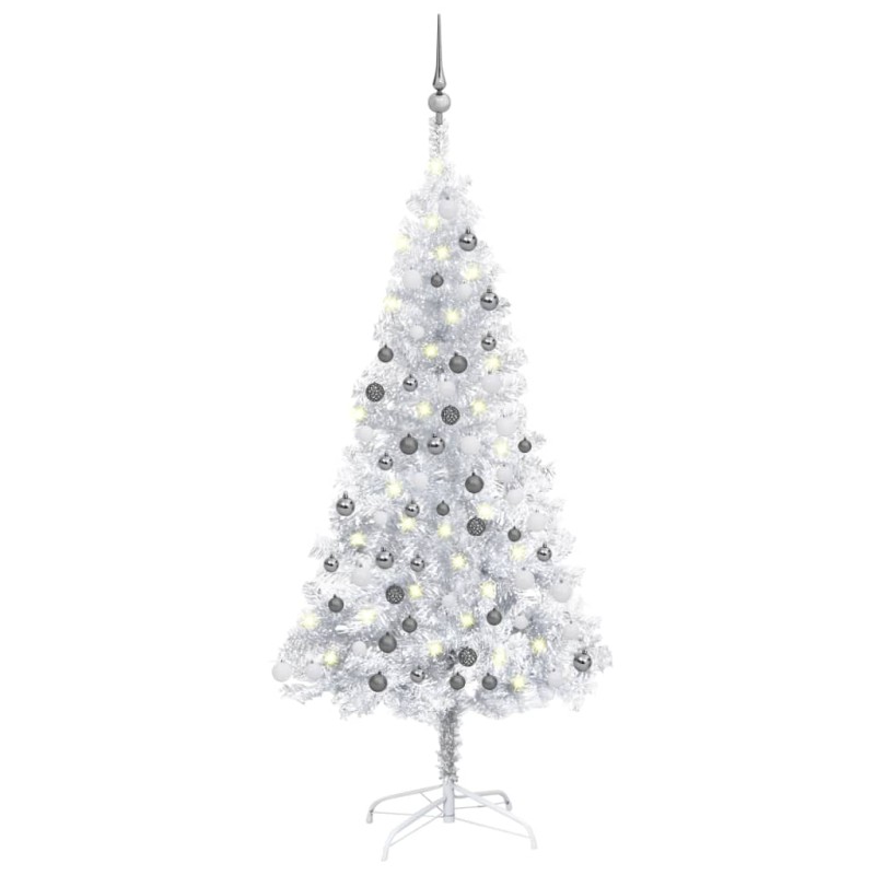 Künstlicher Weihnachtsbaum mit LEDs & Kugeln Silbern 150 cm PET Künstlicher Weihnachtsbaum mit LEDs & Kugeln Silbern 150 cm PET