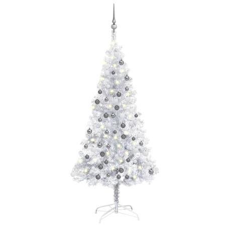 Künstlicher Weihnachtsbaum mit LEDs & Kugeln Silbern 150 cm PET