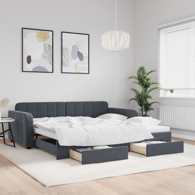 vidaXL Tagesbett Ausziehbar mit Schubladen Dunkelgrau 100x200 cm Samt vidaXL Tagesbett Ausziehbar mit Schubladen Dunkelgrau 100x200 cm Samt