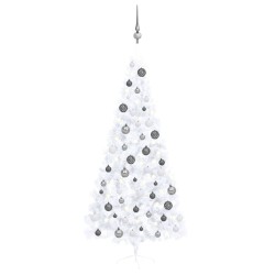 Künstlicher Halber Weihnachtsbaum mit LEDs & Kugeln Weiß 210 cm