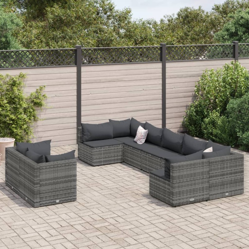 vidaXL 9-tlg. Garten-Sofagarnitur mit Kissen Grau Poly Rattan vidaXL 9-tlg. Garten-Sofagarnitur mit Kissen Grau Poly Rattan