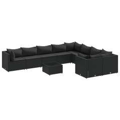 vidaXL 10-tlg. Garten-Sofagarnitur mit Kissen Schwarz Poly Rattan