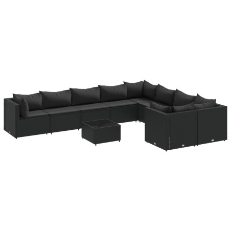 vidaXL 10-tlg. Garten-Sofagarnitur mit Kissen Schwarz Poly Rattan