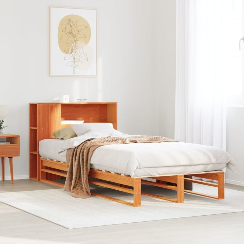 vidaXL Massivholzbett mit Regal ohne Matratze Wachsbraun 75x190 cm vidaXL Massivholzbett mit Regal ohne Matratze Wachsbraun 75x190 cm