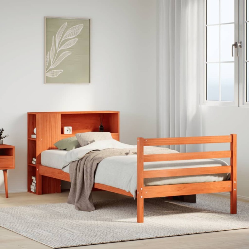 vidaXL Massivholzbett mit Regal ohne Matratze Wachsbraun 75x190 cm vidaXL Massivholzbett mit Regal ohne Matratze Wachsbraun 75x190 cm