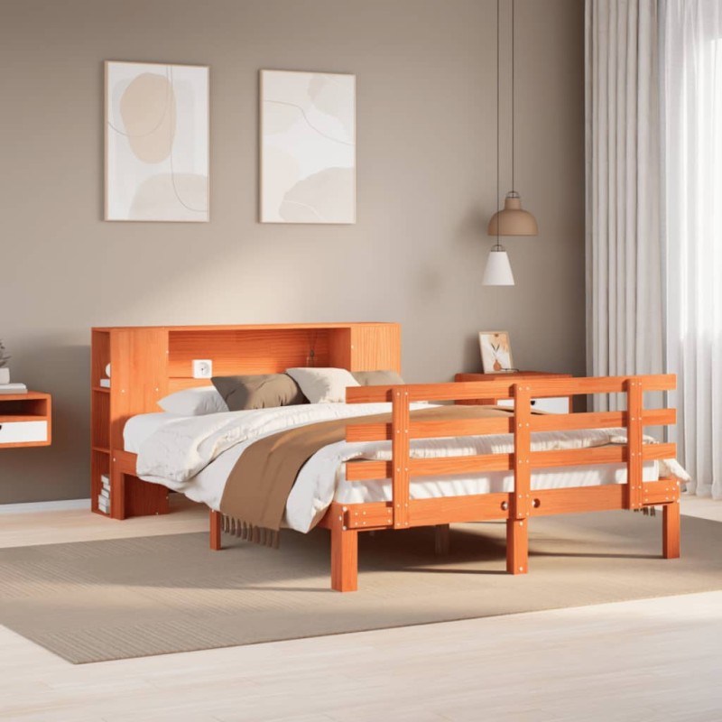 vidaXL Massivholzbett mit Regal ohne Matratze Wachsbraun 135x190 cm vidaXL Massivholzbett mit Regal ohne Matratze Wachsbraun 135x190 cm