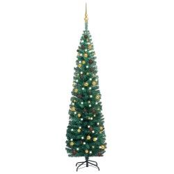 Künstlicher Weihnachtsbaum Schlank mit LEDs & Kugeln Grün 180cm