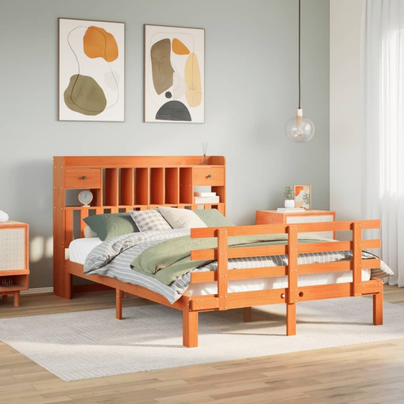 vidaXL Massivholzbett mit Regal ohne Matratze Wachsbraun 140x190 cm vidaXL Massivholzbett mit Regal ohne Matratze Wachsbraun 140x190 cm