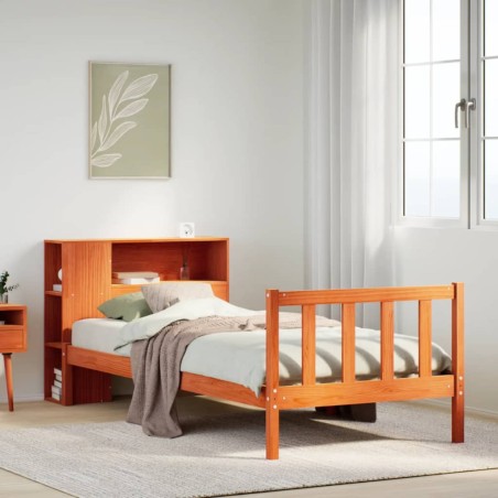 vidaXL Massivholzbett mit Regal ohne Matratze Wachsbraun 90x200 cm