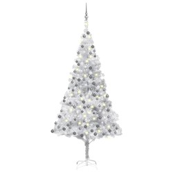 Künstlicher Weihnachtsbaum mit LEDs & Kugeln Silbern 240 cm PET