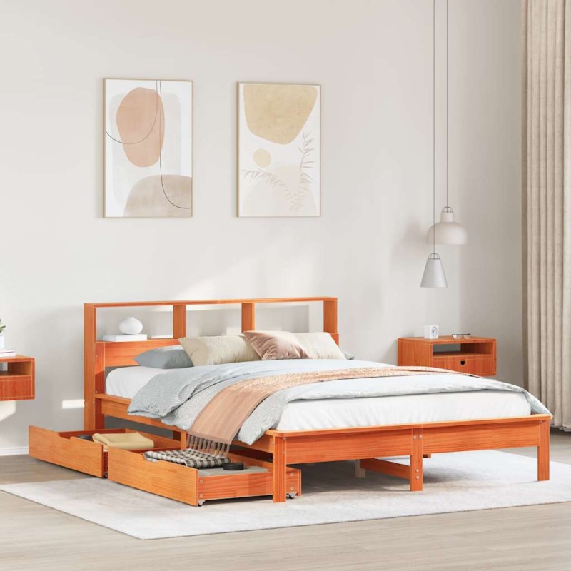 vidaXL Massivholzbett mit Regal ohne Matratze Wachsbraun 140x190 cm vidaXL Massivholzbett mit Regal ohne Matratze Wachsbraun 140x190 cm