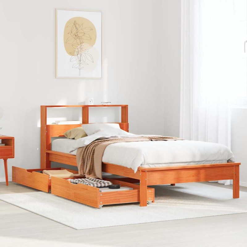 vidaXL Massivholzbett mit Regal ohne Matratze Wachsbraun 75x190 cm vidaXL Massivholzbett mit Regal ohne Matratze Wachsbraun 75x190 cm