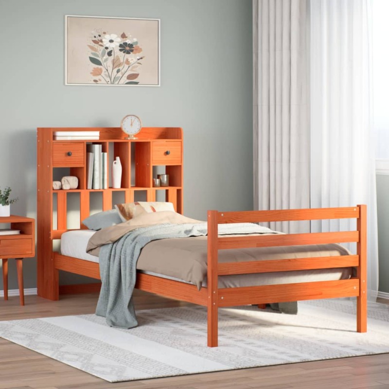 vidaXL Massivholzbett mit Regal ohne Matratze Wachsbraun 90x190 cm vidaXL Massivholzbett mit Regal ohne Matratze Wachsbraun 90x190 cm