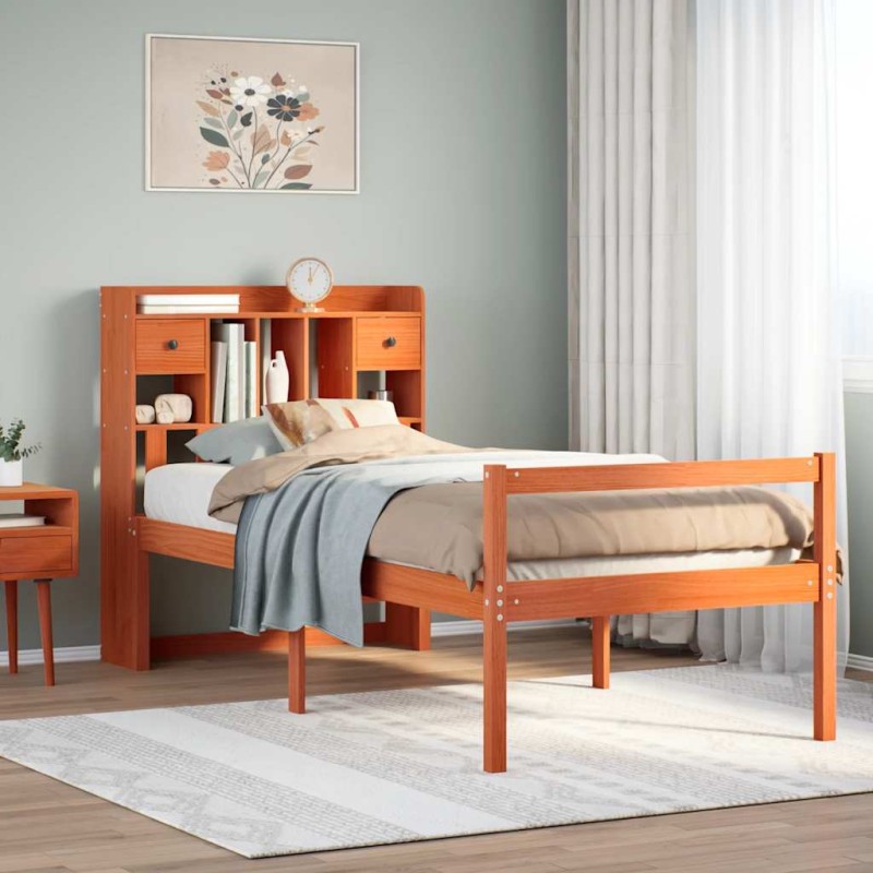 vidaXL Massivholzbett mit Regal ohne Matratze Wachsbraun 75x190 cm vidaXL Massivholzbett mit Regal ohne Matratze Wachsbraun 75x190 cm